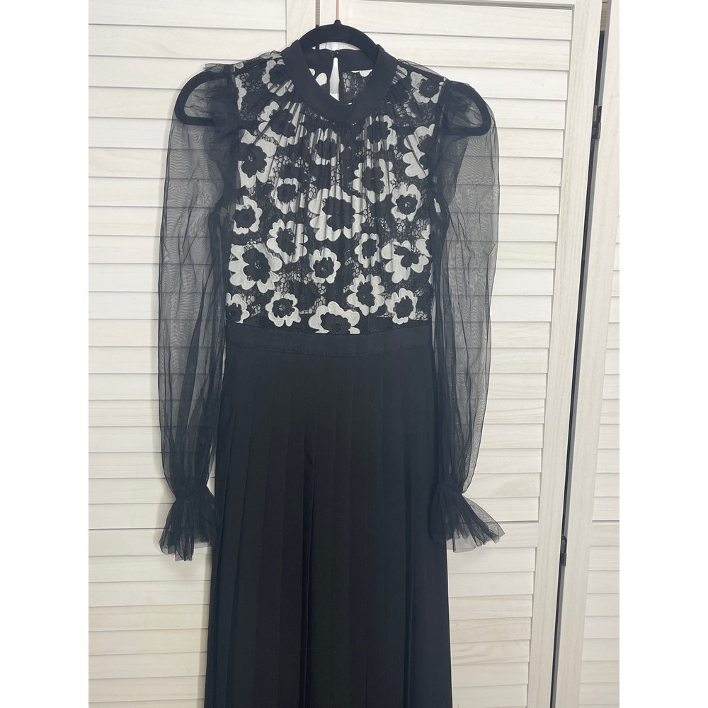 Self Portrait Floral Guipure 
ORGANDY OVERLAY LACE Dress Ivory Blk Gown SZ SM - Picture 4 of 12